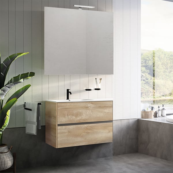 Έπιπλο Village Rovere Naturale 80 cm (Νιπτήρας, βάση με 2 συρτάρια , καθρέπτης και φωτιστικό)